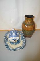 Mixed Lot: Mid Century German pottery vase, blue and white meat plate and a teapot (3)