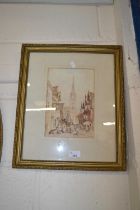 Walley, study of a street scene with Cathedral, watercolour, framed and glazed