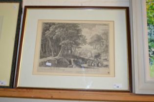 After Vanswaneuelt, engraving of figures in woodland, framed and glazed