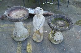 Two bird baths and a reconstituted stone water fountain