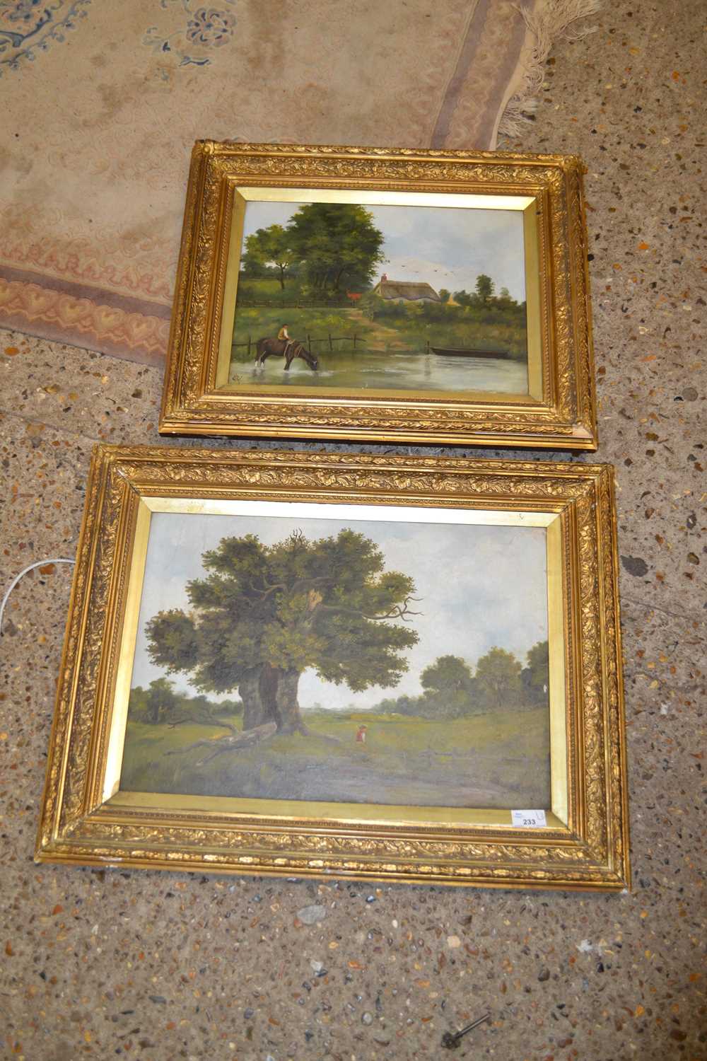H H Cobb, study of a figure before an oak tree, oil on canvas together with another of a country