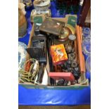 Box of mixed items to include vintage Koilos camera, assorted vintage binoculars, irons, barometer