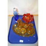 Mixed Lot: An amber glass dressing table set, an Art Glass ashtray and a further small blue glass