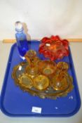 Mixed Lot: An amber glass dressing table set, an Art Glass ashtray and a further small blue glass