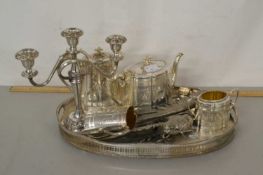 Mixed Lot: Silver plated tea service, candelabra, serving tray, silver plated model pheasants etc