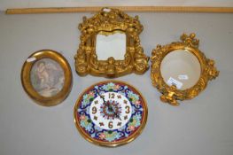 Mixed Lot: Two small wall mirrors in gilt finish frames, coloured print of a cherub and a modern