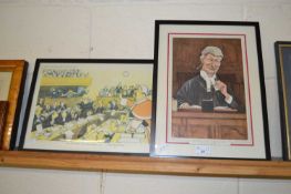 Two coloured prints The Right Honourable Lord Denning and a further comical Punch print, The Spoil