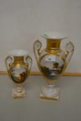 Pair of continental porcelain vases, possibly Paris painted with landscape designs, the reverse with