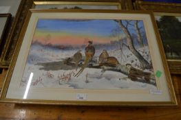 R C Harrison, study of pheasants in a winter landscape, watercolour, framed and glazed
