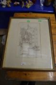 Interior view of a Church, unsigned, pencil, pen and ink on paper, 21cm wide, glazed and framed