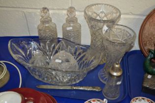 Tray of various decanters, glass vases etc