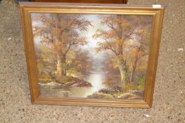 Cafieri modern oil on canvas, riverside scene, gilt framed