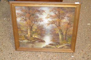 Cafieri modern oil on canvas, riverside scene, gilt framed