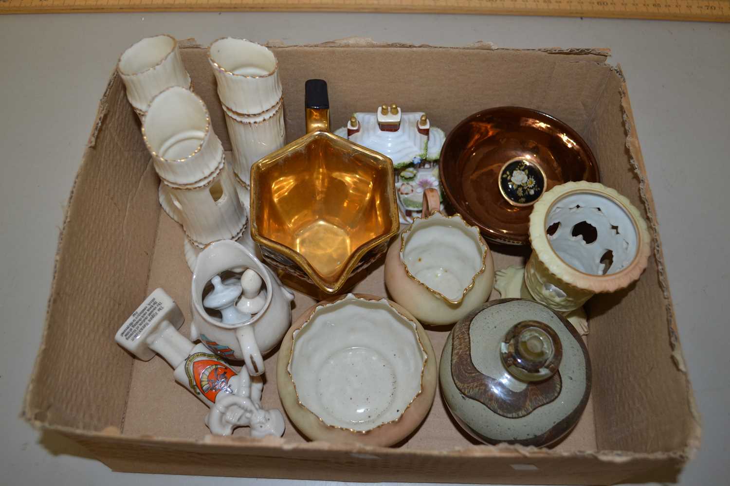 A box of various ceramics to include Hadleighs Worcester vases and other items