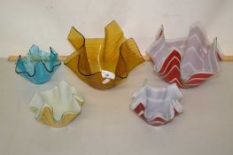 Five various glass handkerchief type vases
