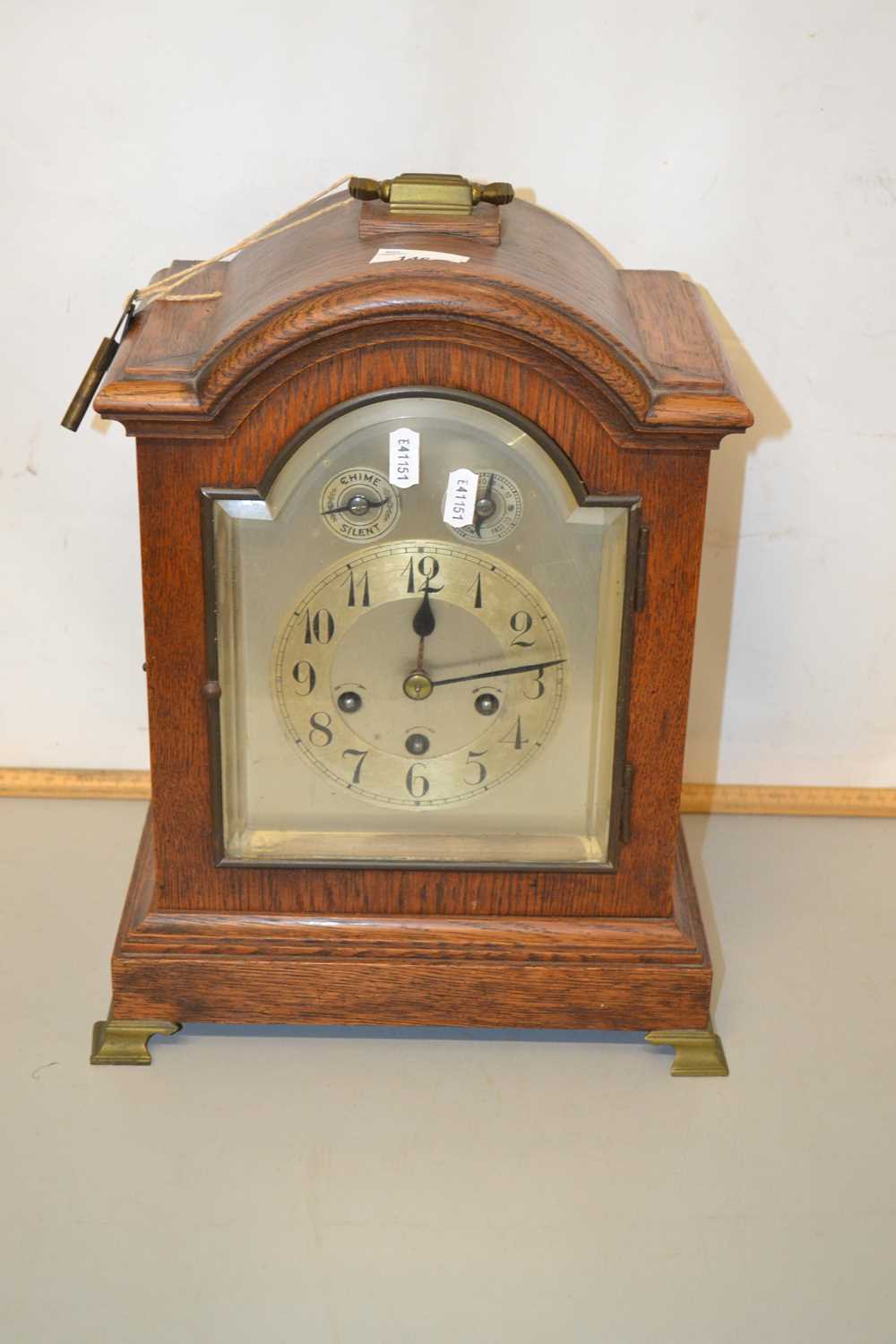 Early 20th Century oak cased bracket clock with silvered dial and subsiduary chime/silent and fast/