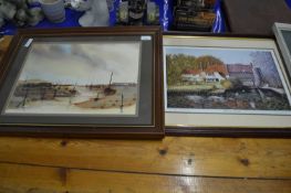 Coloured print of Pulls Ferry, Norwich together with further watercolour study of moored boats (2)