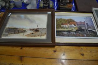 Coloured print of Pulls Ferry, Norwich together with further watercolour study of moored boats (2)