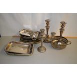 Mixed Lot: Various silver plated entree dishes, candlesticks etc