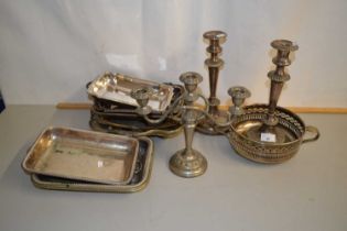 Mixed Lot: Various silver plated entree dishes, candlesticks etc