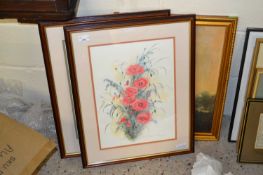 A pair of floral prints plus a further gilt framed print of child with dog