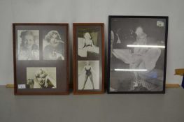 Three framed photos of Marilyn Monroe in various poses, all in wooden frames
