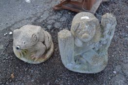 Reconstituted stone garden model of a pig and a frog water fountain