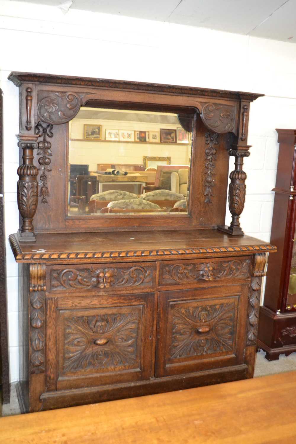 A Victorian gothic oak mirror back sideboard, 153cm wide