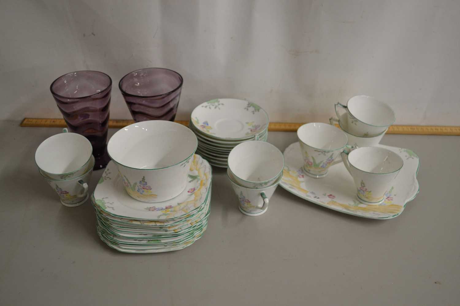 Mixed Lot: Heathcote floral decorated tea wares together with a pair of purple glass vases