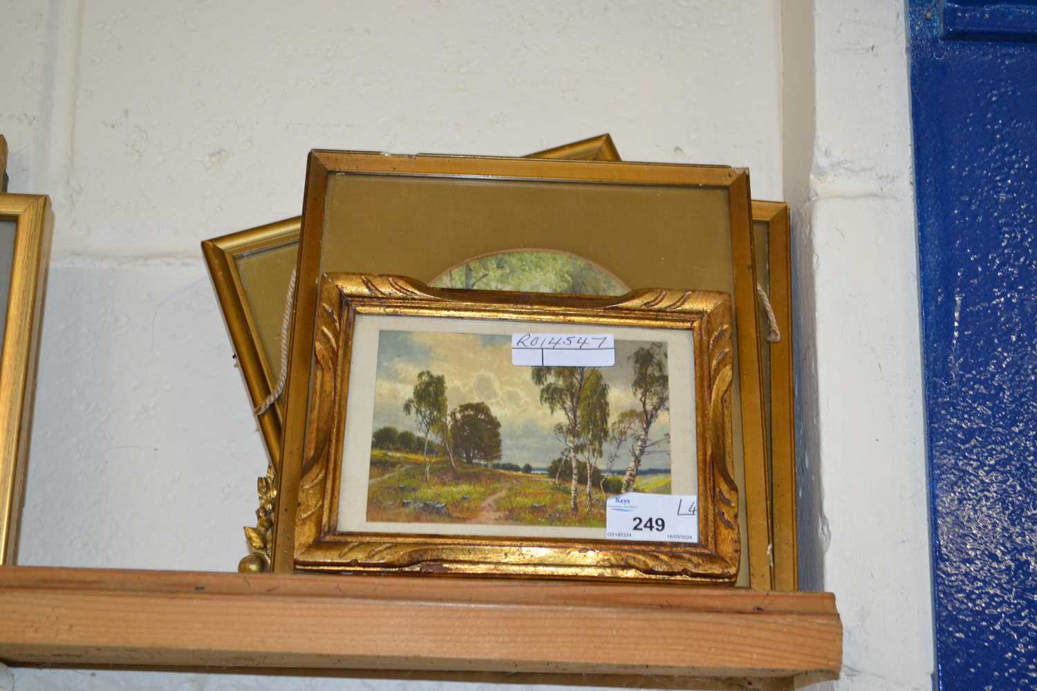 Group of five various small watercolours and prints, rural scenes, gilt framed