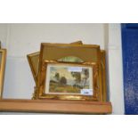 Group of five various small watercolours and prints, rural scenes, gilt framed