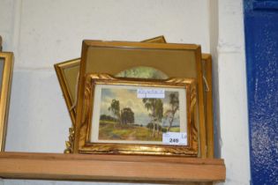 Group of five various small watercolours and prints, rural scenes, gilt framed
