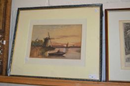 William Hunt, Fishermen in a Boat at Sunset, watercolour, framed and glazed