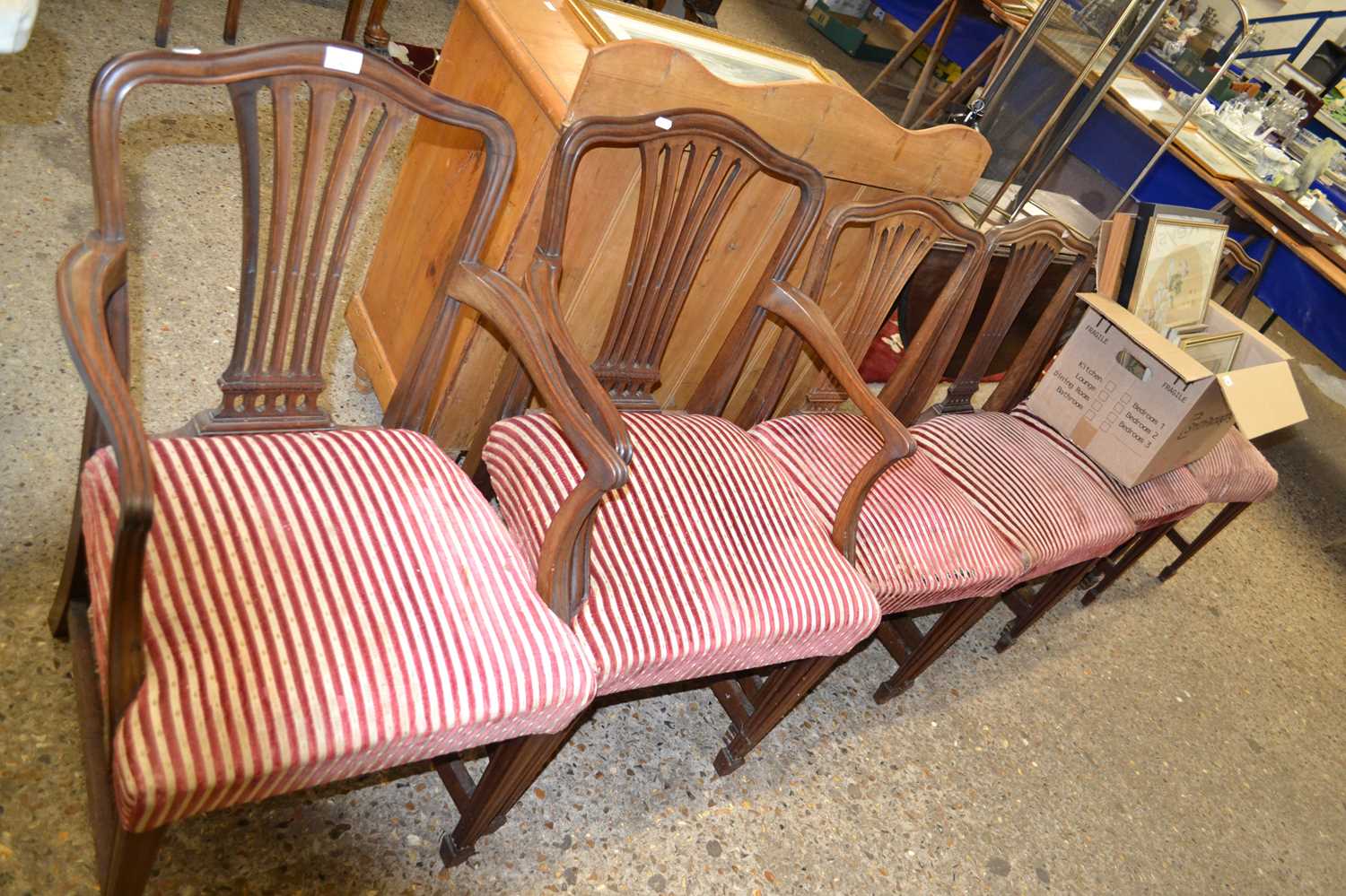 Set of six Georgian style dining chairs with striped upholstered seats