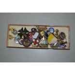 Box of various vintage pin badges