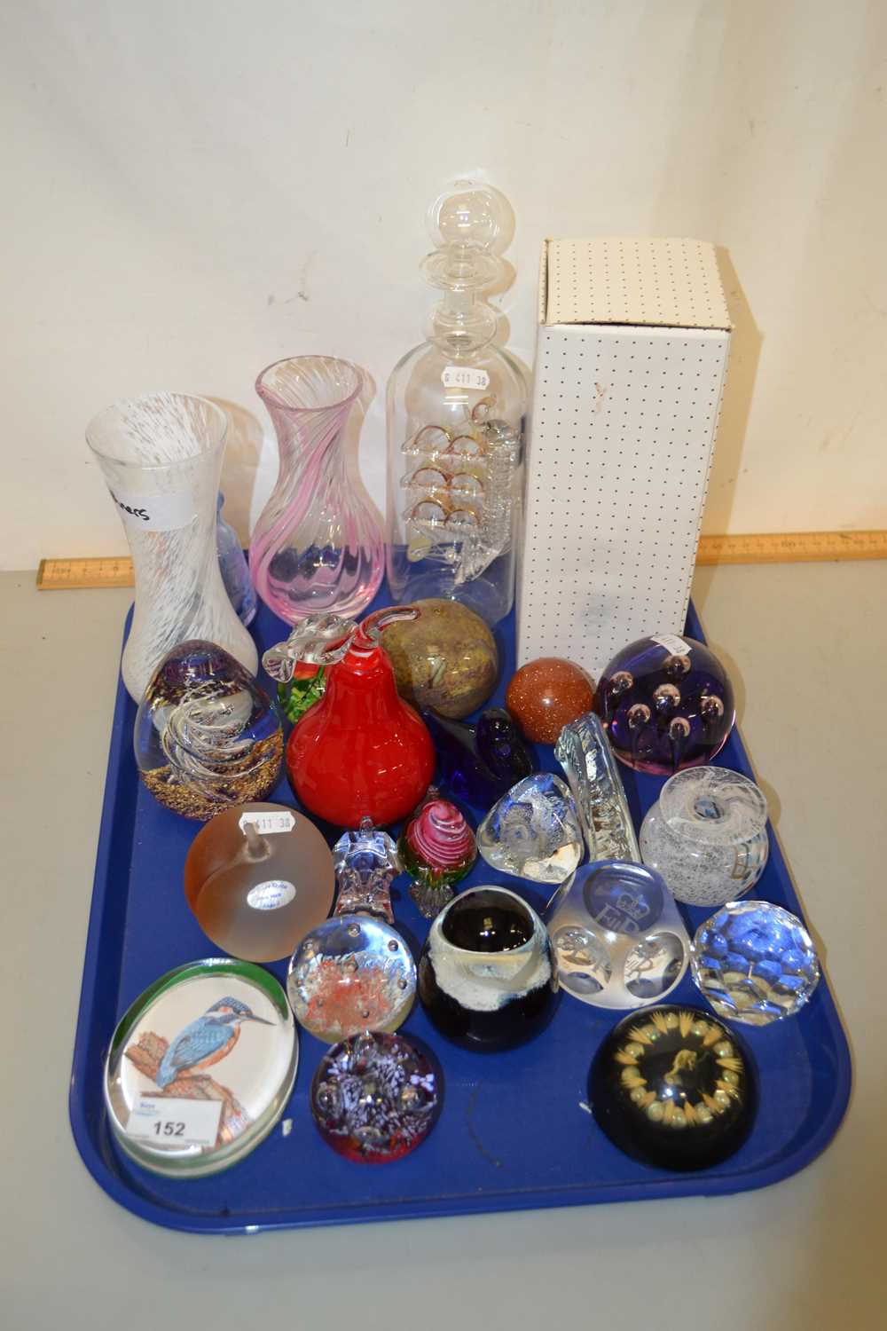 A tray of various mixed vases, paperweights etc