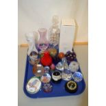 A tray of various mixed vases, paperweights etc