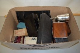 Mixed Lot: Cash tins, hip flask, silver plated goblet, manicure set etc