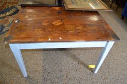 Small pine topped kitchen table with painted base, 117cm wide