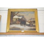 19th Century school study of a winter farmyard scene with animals, oil on canvas, unsigned, gilt