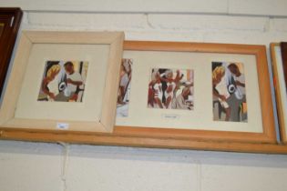 Framed group of three coloured prints, musical cafe plus another similar