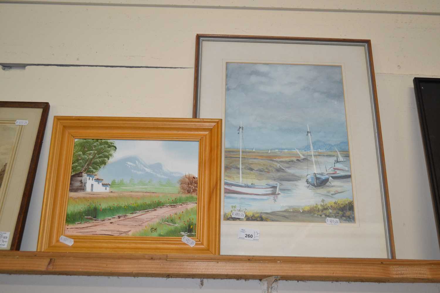 Contemporary study of moored boats, watercolour together with a further contemporary continental