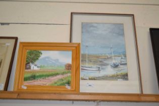 Contemporary study of moored boats, watercolour together with a further contemporary continental
