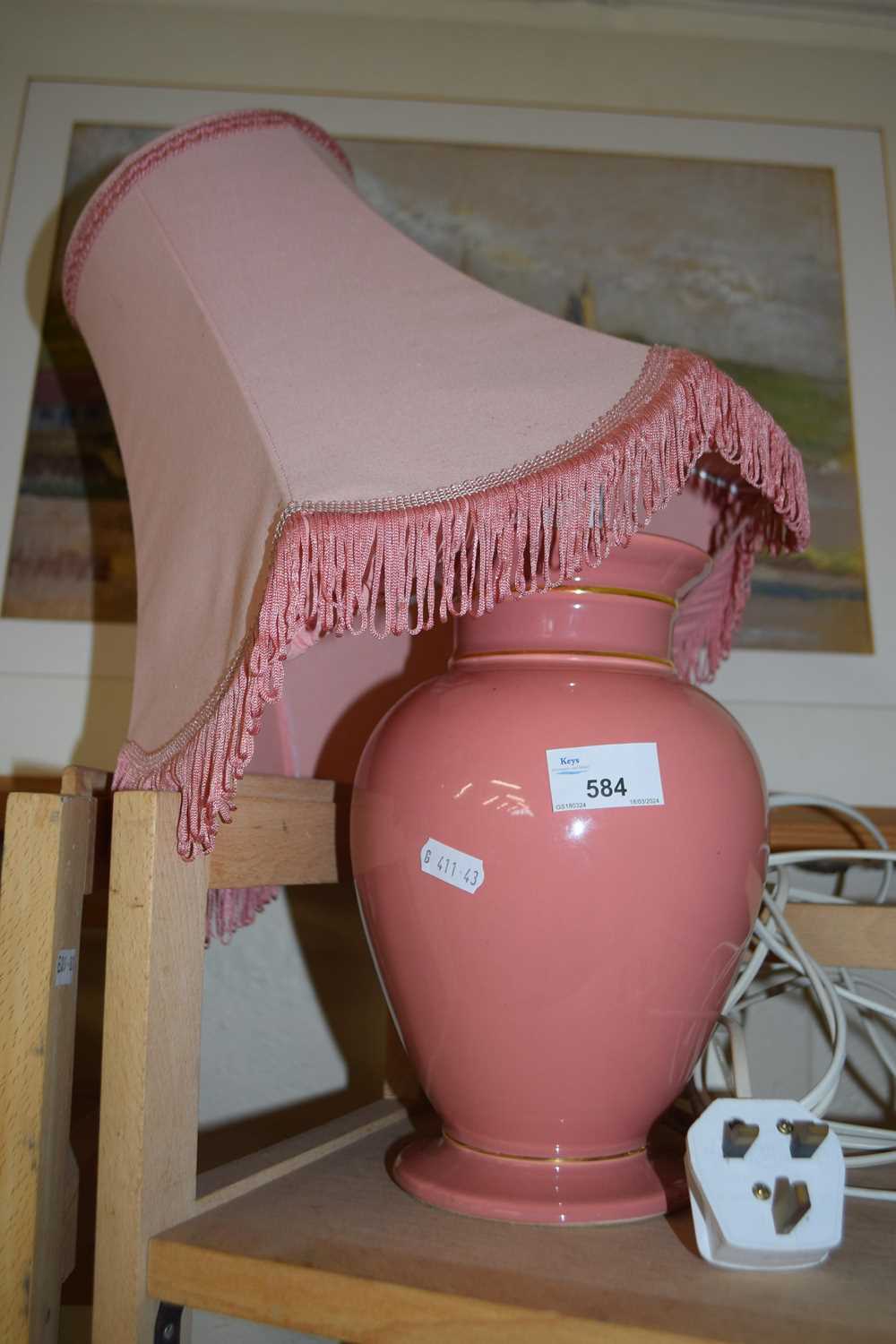 Pink glazed table lamp and shade
