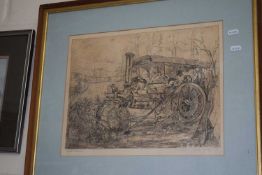 Forgotten Steamroller, etching dated 1983, artist proof, framed and glazed