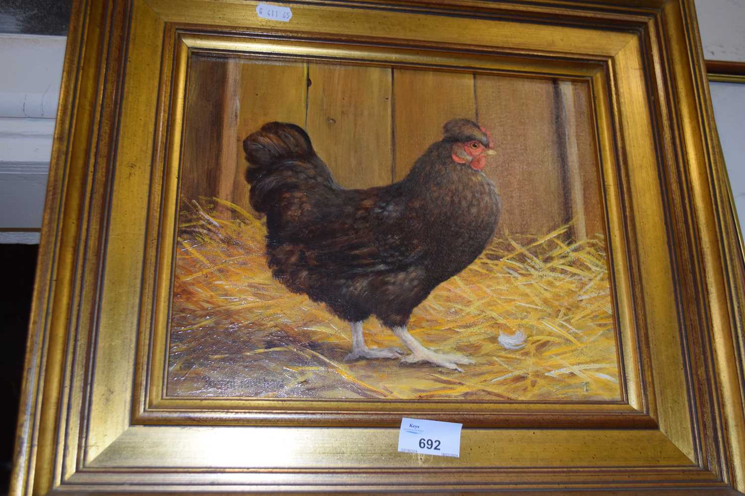 Study of a chicken by Donna Crawshaw, oil on canvas in gilt frame