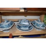 Quantity of blue and white dinner wares, tureens, sauce dishes and covers etc