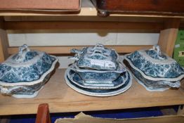 Quantity of blue and white dinner wares, tureens, sauce dishes and covers etc