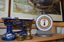 Pair of blue and floral painted kitchen scales together with a Salter coin checker scales