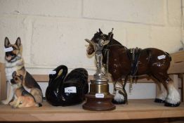 Pottery shire horse, ceramic swan, resin German Shepherds and a Rolls Royce Spirit of Ecstasy mascot
